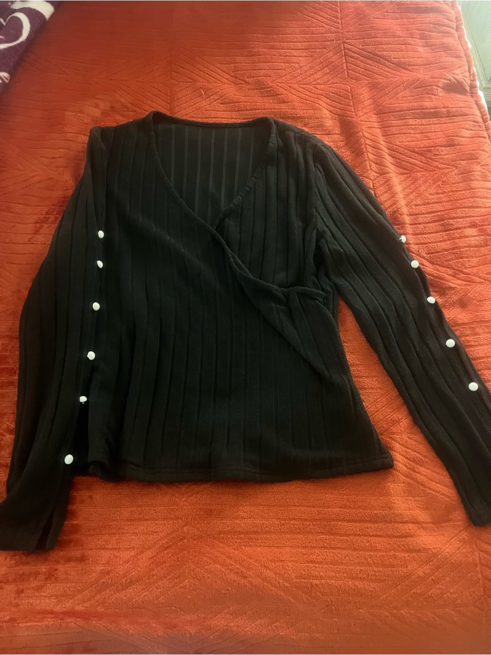 SHEIN Black Ribbed V-Neck Sweater with Pearl Buttons